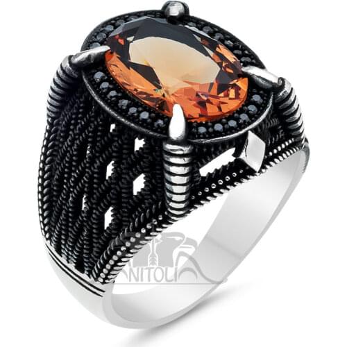 Oval Orange Gemstone Ring for Men and Women Zircon Stone Ring with Claw Motif