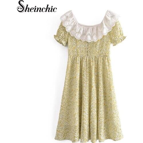 Elegant Chiffon Embroidery Woman Dress 2021 Summer Vintage Short Sleeve Floral Printed Midi Dress Vestido De Mujer