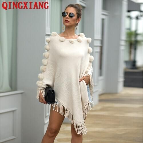 6 Colors Women Cape Fur Ball Poncho 2020 Autumn Winter Cloak Knitted Triangle Sweater Knitted Pullover Batwing Sleeves Coat