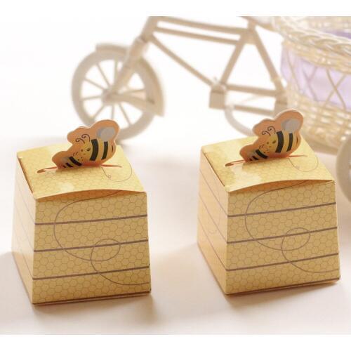 50pcs Paper Box Cute Bee Gift Box DIY Birthday Wedding Favor Cookie Candy Box Bag Baby Shower Party Decoration With White Ribbon