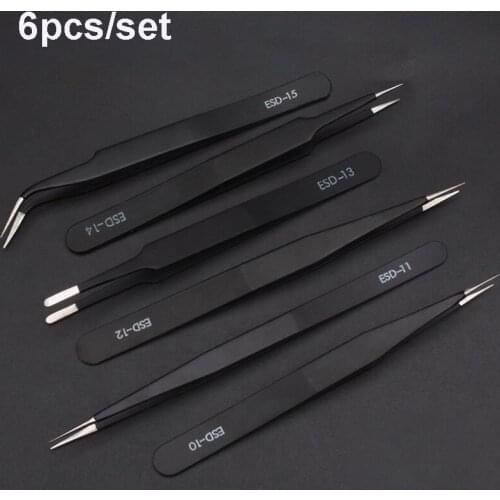 6Pcs/Set ESD Precision Tweezers Industrial Pincet Anti-Static Stainless Steel Straight Forceps Set Electronic Maintenance Tools