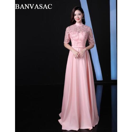BANVASAC High Neck Illusion Half Sleeve Bow Sash Long Evening Dresses 2018 Party A Line Lace Appliques Prom Gowns
