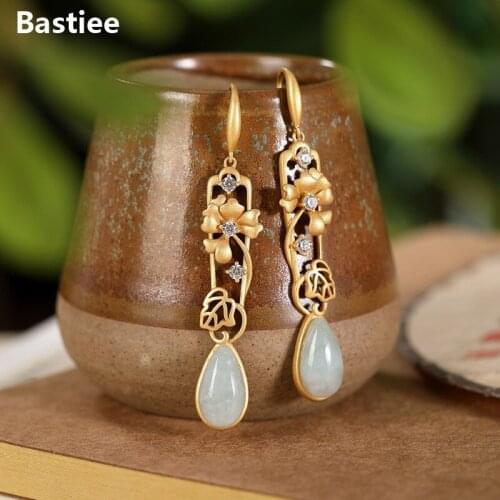 Bastiee Emerald Jade Water Drop Earrings For Women Silver 925 Jewelry Zircon Earings Gold Plated Peony Flower Hollow Out