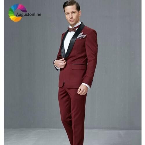 Burgundy Mens Wedding Suit Black Shawl Custom Made Male Blazer Slim Fit Groom Tuxedos 2Piece Groomsmen Jacket Pants