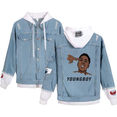 Denim Hooded Jackets YoungBoy Never Broke Again Jackets Men Women Fake Two Pieces Denim Coat Fashion Streetwear Hip Hop Jacket