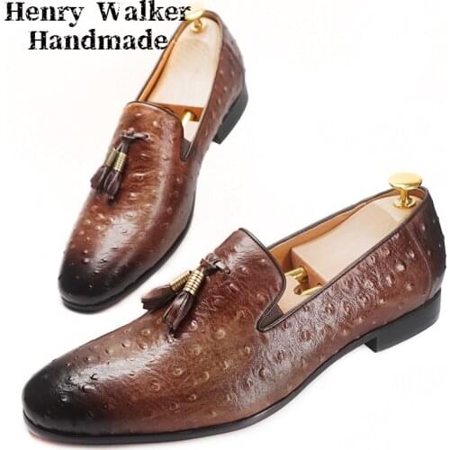 Elegant Men Leather Shoes Casual Shoes Ostrich Skin Prints Round Toe Tassel Loafers Slip On Office Wedding Men Dress Summer Shoe