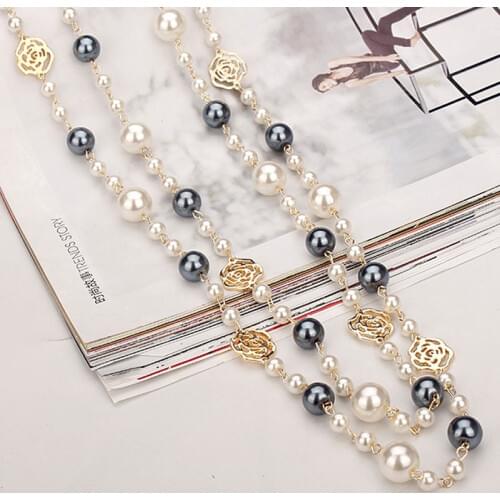 Famous Camellia Pearl Long Necklace For Women Double Layer collane lunghe donna Rose Flower Sweater chain Necklace