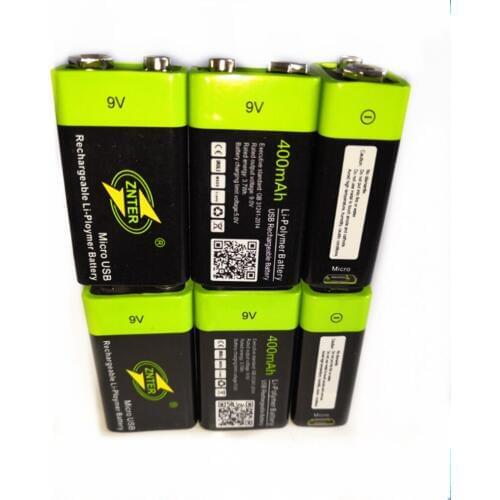 6pcs/lot ZNTER 600mAh 9V rechargeable lithium battery 6F22 USB lithium polymer rechargeable battery for RC camera