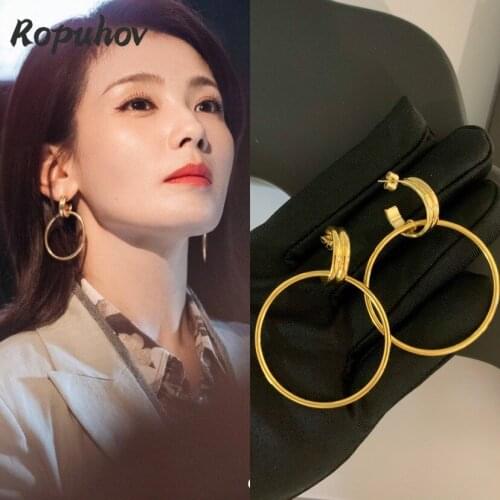 ROPUHOV 2021 Jewery Trendy Korean Blogger Savi The Same Geometric Doughnut Metallic Texture Double Circle Helical Large Earrings