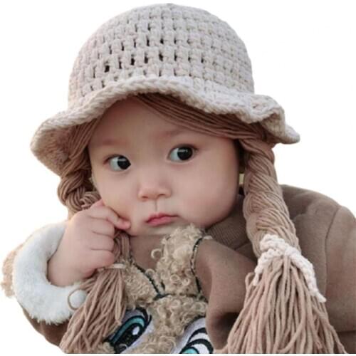 Fashion Baby Girls Braided Wig Chin Strap Knitted Cap Bucket Hat Photo Prop