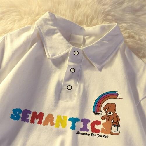 Vintage Polo Collar Oversize T-shirt Men Korean Trendy Summer Rainbow Bear Print Sweatshirt Loose Harajuku Top Short Sleeve Male