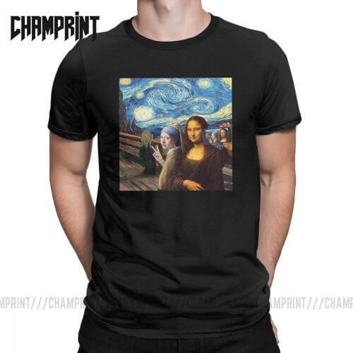 Mona Lisa Starry Night Selfie T-Shirt Men Funny O Neck Pure Cotton T Shirt Short Sleeve Tees Gift Idea Tops Plus Size