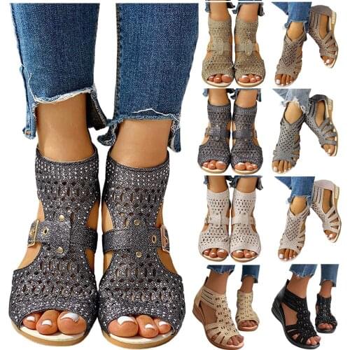 2020 New Hot Summer Womens Shoes High-top Fish Mouth Hollow Sandals Female Back Zipper Wedge Rhinestone Roman Flat Sandals