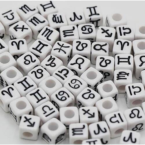 New 50pcs Opaque Cubes Acrylic Mix Beads Charms Black White Zodiac Constellation Sign Beads for Jewelry Making Bracelet 7x7mm