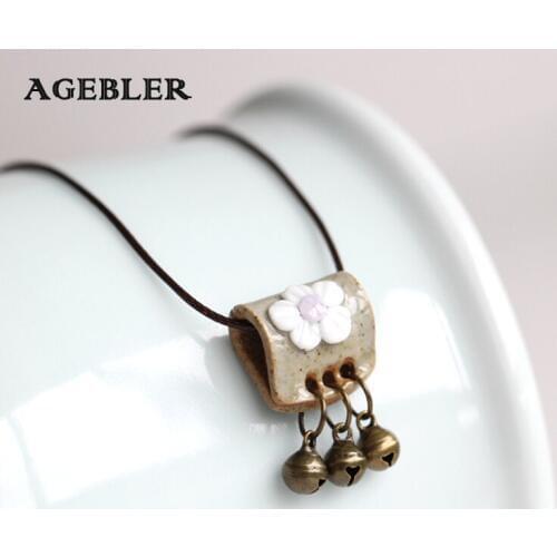 Original Hand Knead Ceramic Necklace Creative Autumn Long Female Sweater Chain Necklace fashion Jewelry Flower Pattern with Bell
