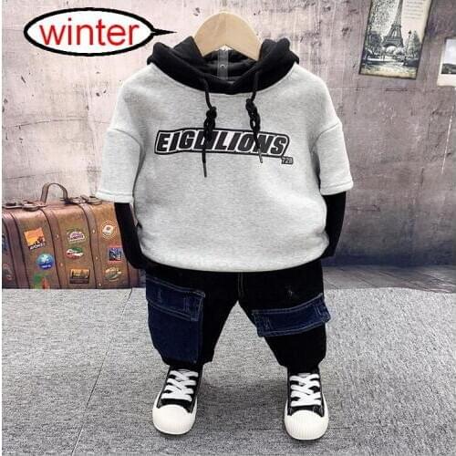 Casual childrens wear Kid Baby Boy Clothes Set Winter boys Plush hoodie + plush jeans 2Pcs boys Clothes Sets 2-6Years Kids Sets