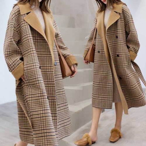 2019 Autumn Winter Long Plaid Wool Coat Double Breasted Casual Woolen Blended Coat Vintage Outerwear Adjustable Waist belts M111
