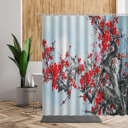 Chinese Flower Shower Curtain Winter Plum Blossom Floral Ink Printed Bathroom Bath Decor Waterproof Living Room Window Curtains