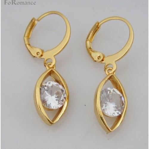 DANGLE 1.18" YELLOW GOLD GP CLEAR ROUND ZIRCON STONE CHARM DANGLER EYE SHAPED EARRING