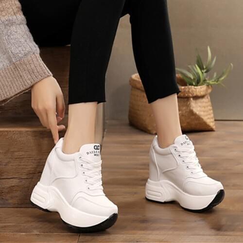 Womens Ankle Boots 2021 Autumn PU Leather Shoes Woman Platform Height Increased Sneakers 10 CM Thick Sole Wedges White Boots