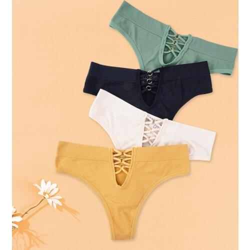 Women Panties Sexy Underwear Thongs Lingerie Female Underpants Solid Color Hollow Out Design Ladies G-String 2PCS Pantys