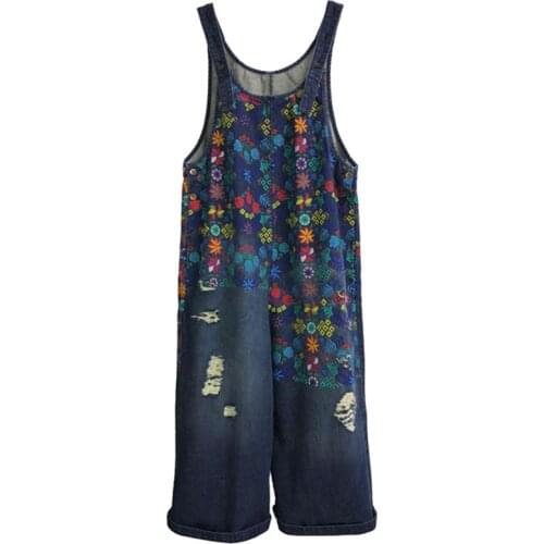 Vintage Print Female Denim Overalls Monos Mujer 2021 Spring Casual Salopettes Hole Plus Size Jumpsuit Women Fashion Jeans Romper