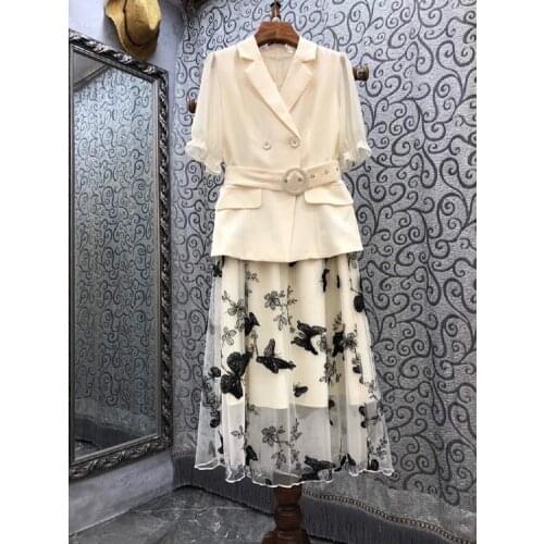 Womens Set 2021 Autumn Blazer Suits Ladies Notched Collar Belted Coat Blazer+Sexy Tulle Mesh Patchwork A-Line Skirt Sets Female