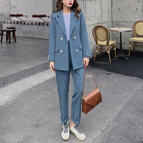 Fashion Women Blazer Suits Long Sleeve Double- breasted Blazer Pants Suit Office Ladies Two-piece Blazer Sets 2021