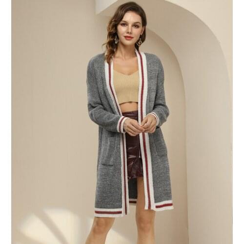 Women Autumn Cardigan Stripe Splicing Long Sleeve Open Front Knitted Coat for Girls, Gray