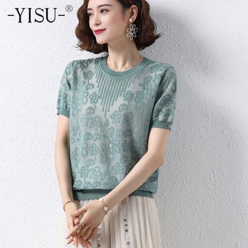 YISU Women Simple Pullover Summer V-Neck Lace pattern Solid color Knitted pullover Female Casual Short sleeve Thin T-shirt