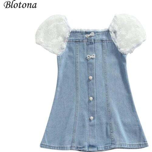 Blotona Sweet Little Girl Cute Short Puff Sleeve Denim Dress Fashion Square Collar Solid Color Lace Stitching A-line Short Dress