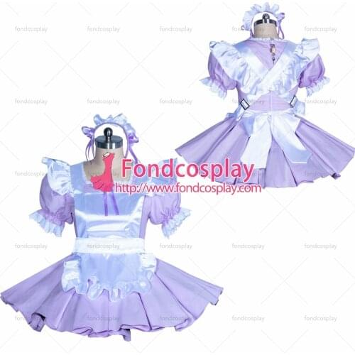 Fondcosplay adult sexy cross dressing sissy maid short French lilac cotton lockable dress white satin apron Tailor-made[G3881]