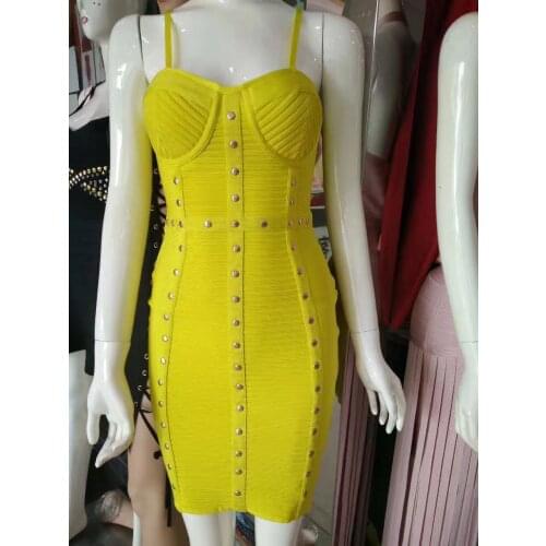 Wholesale New Summer Yellow Sequined Details Evening Party Dress Sexy Spaghetti Strap Women Bodycon Bandage Dresses