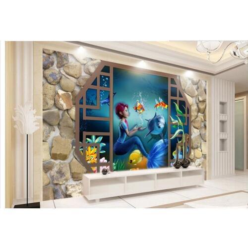Customized 3d wallpaper 3d wall murals wallpaper Cartoon Mermaid stereo aquarium TV background wall paper living room wallpaper