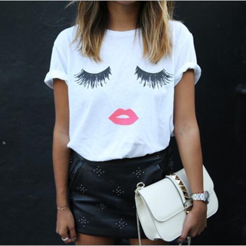 5xl Tshirt Women Tops Summer O-neck Eyelash Lips Print Womens T Shirt Short Sleeve Plus Size White Black T-shirt Tees Blusa
