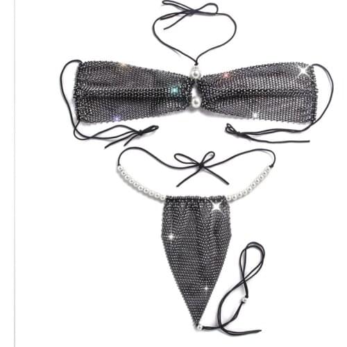 Women Sexy Rhinestone Pearl Bra Push Up Bikini Set Bellydance Nightclub Bar DS Dance Clothing Female Underwear