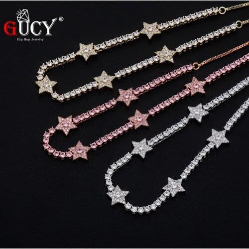 GUCY New Fashion Pentagram Pendant Cubic Zirconia 3mm 1 Row Tennis Chain Necklace Mens Hip Hop Jewelry Link Adjustable