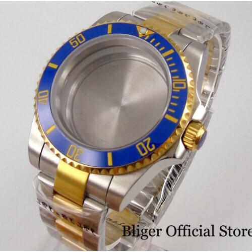 Gold Coated Watch Case for NH35 NH36 NH36A Blue Insert Rotating Bezel Oyster Bracelet Sapphire Glass without Cyclops
