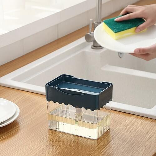 Manual Press Liquid Dispenser Container Soap Organizer Soap Pump Dispenser With Sponge Holder for Kitchen Cleaning