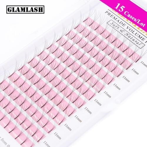 GLAMLASH 15 Cases Wholesale 2D-6D Long Stem Lash Premade Russian Volume Fans Mink Eyelashes Premade Eyelash Extensions Makeup