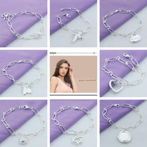 Hot Sale 925 Sliver Color Heart/CROSS/Two-Leaf/crab/Six-pointed Star/Pendant Paper Clip Bracelet Fashion Jewelry For Women Party