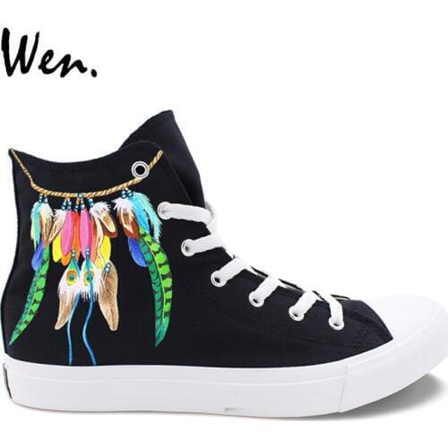 Wen Classic Black Shoes Hand Painted Design Dreamcatcher Feather Custom High Top Men Canvas Sneakers Women Athletic Skate Shoes