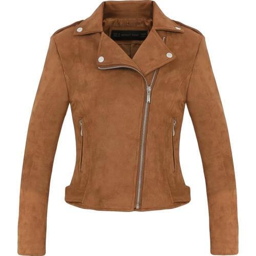 New Fashion Women suede motorcycle jacket Slim brown full lined soft faux Leather female coat veste femme cuir epaulet zipper
