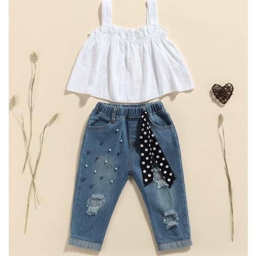 Summer Toddler 2 Pieces Set Solid Color Sleeveless Ruffle Tops Ripped Jeans with Dots Strap Outfit for Kids 2-7 Years