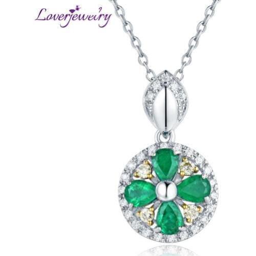 LOVERJEWELRY Pendant For Women Solid 18KT White Gold Pear Shape Emerald Gemstones White-Yellow Diamonds Pendants Jewelry Making