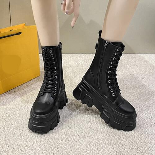 Lucyever 2021 Chunky Platform Ankle Boots Women Autumn Lace-up Zippers Motorcycle Boots Woman Thick Bottom Short Botas Female