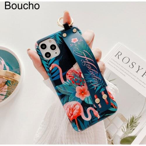 Boucho Fashion Flamingo Leaves pattern Wrist Strap Phone Case For iphone 11 pro Max Xs Max XR X 7 8 plus Silicone Soft Case