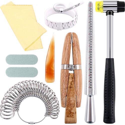 12Pcs Jewelry Ring Sizer Tools Set, Ring Mandrel, Ring Sizer, Wood Ring Clamp, Rubber Hammer, Plastic Ring Sizer Gauge, Jewelry