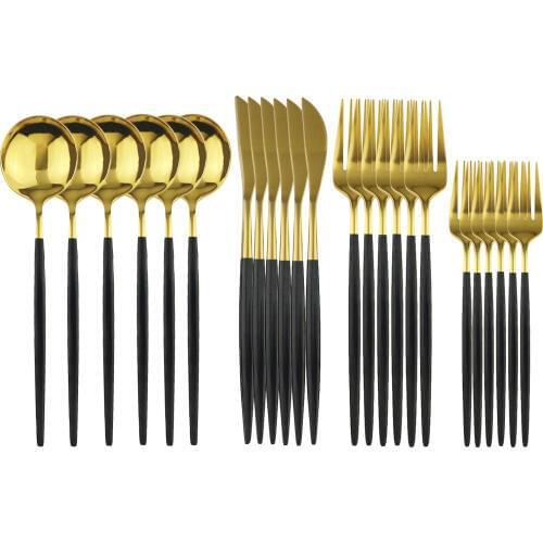 24Pcs Black Gold Cutlery Set Mirror Dessert Fork Flatware Set 304 Stainless Stee Dinnerware Set Kitchen Tableware Silverware