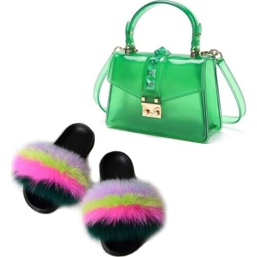 New Fashion Ladies Travel Rainbow Jelly Bag Match Fluffy Plush Fur Beach Flip Flops Women Furry Attractive Fur Slides Wholesale
